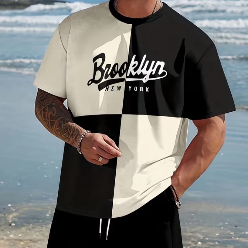 Men's Fashion Digital Print Short Sleeve Top and Drawstring Shorts